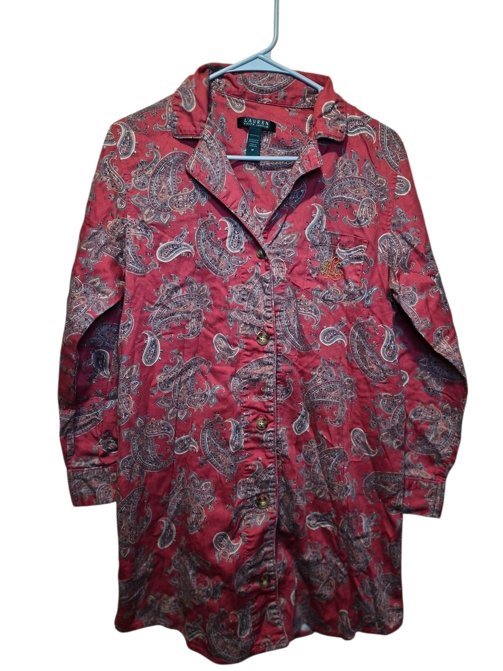 Ralph Lauren Red Paisley Button-Front Women's Shirt P2p 20" To 21"1/2 Length 33"